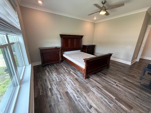  - bedroom featuring dark wood-style floors, crown molding, baseboards, recessed lighting, and ceiling fan
