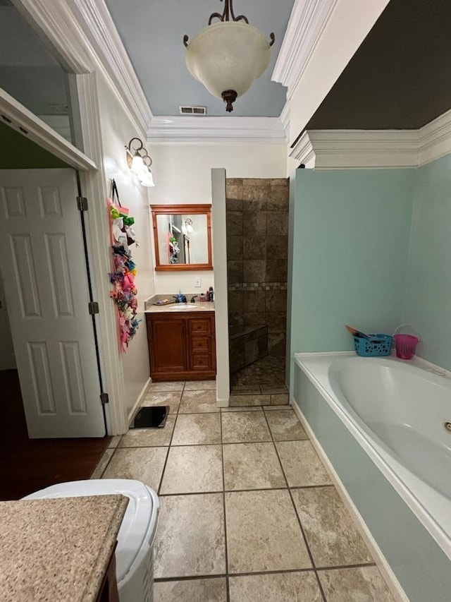 bathroom featuring tile patterned flooring, vanity, crown molding, and independent shower and bath