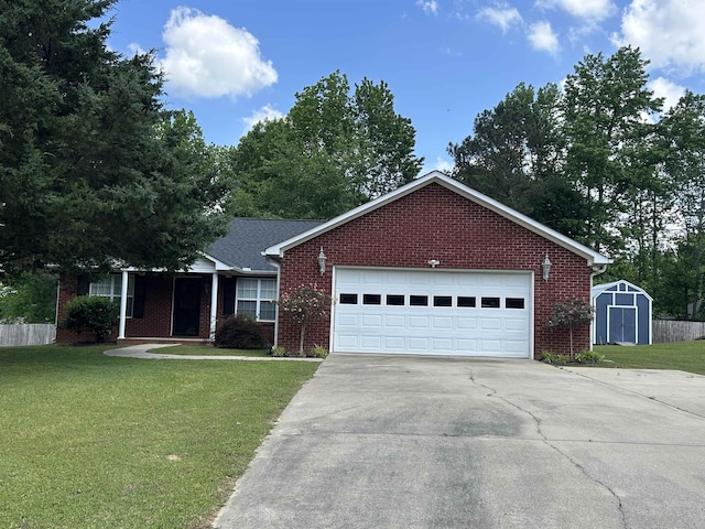 ranch-style house featuring brick siding, a front lawn, a storage shed, and concrete driveway