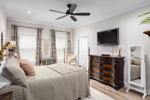  - bedroom featuring light wood-style floors, crown molding, recessed lighting, and ceiling fan