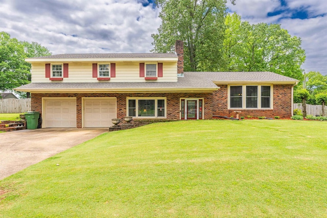 - view of front of property featuring concrete driveway, a chimney, brick siding, and a garage