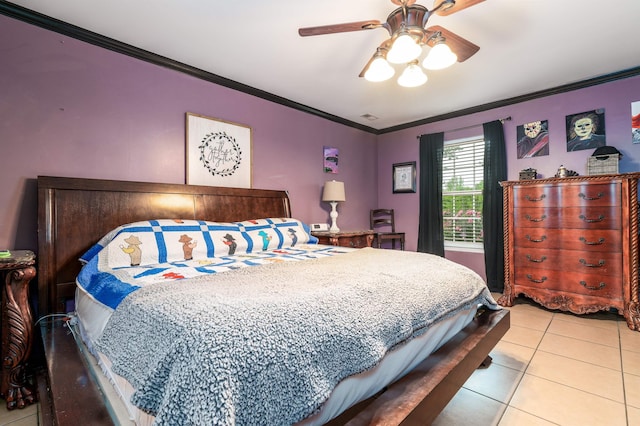  - bedroom with light tile patterned floors, ornamental molding, and a ceiling fan