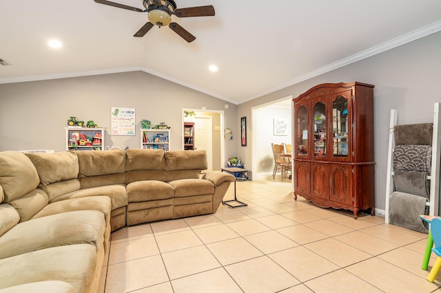  - living area with crown molding, recessed lighting, ceiling fan, and light tile patterned floors