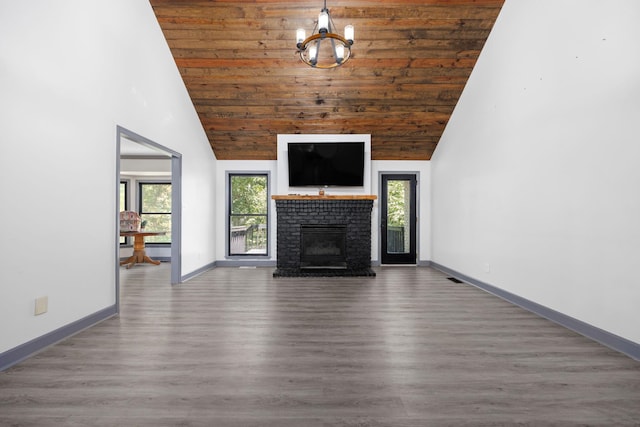 unfurnished living room featuring high vaulted ceiling, wood finished floors, a fireplace, wooden ceiling, and baseboards