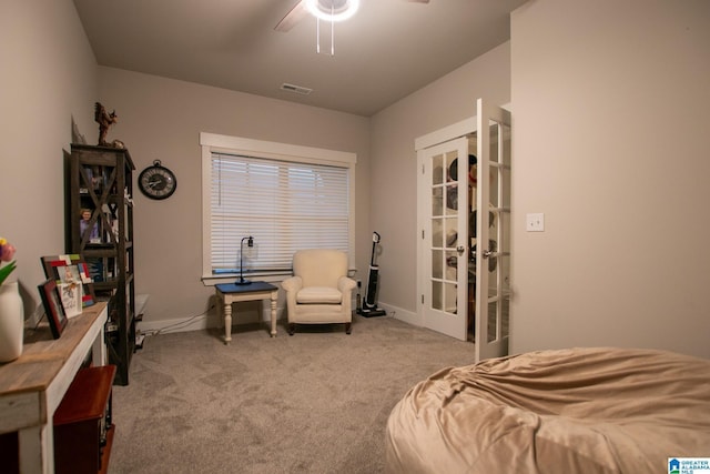  - bedroom featuring french doors, carpet flooring, and ceiling fan