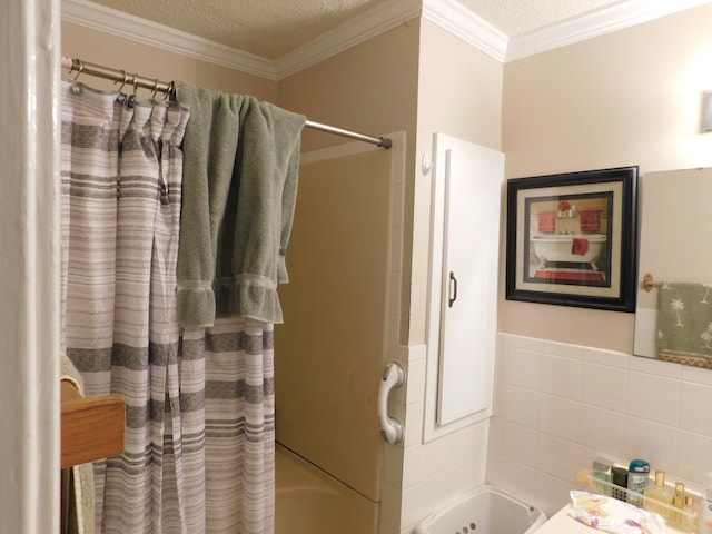 full bathroom with tile walls, shower / bath combo, ornamental molding, and a textured ceiling