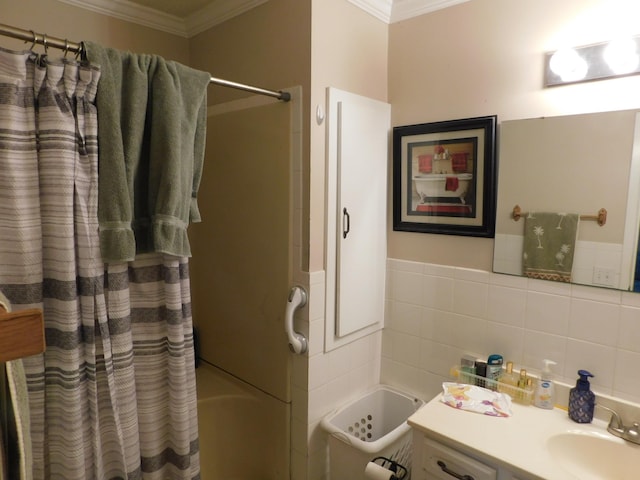 full bathroom with vanity, shower / bath combination with curtain, tile walls, and crown molding