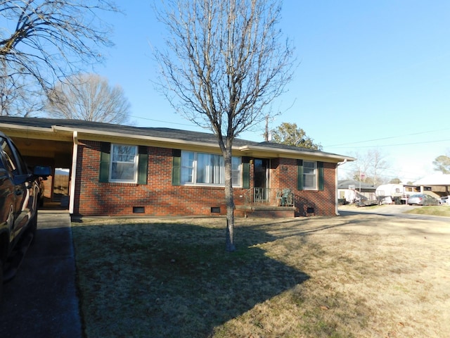 single story home featuring concrete driveway, brick siding, crawl space, and a front lawn