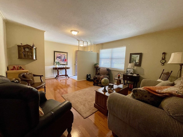  - living area featuring ornamental molding, wood finished floors, and a textured ceiling