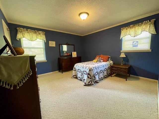  - carpeted bedroom with multiple windows, a textured ceiling, and crown molding