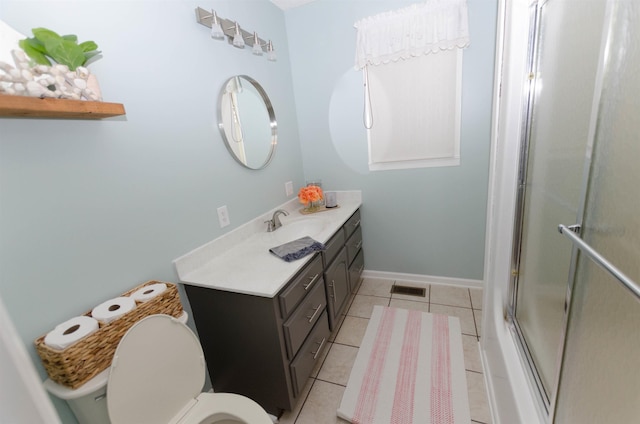 bathroom featuring tile patterned flooring, vanity, toilet, and an enclosed shower