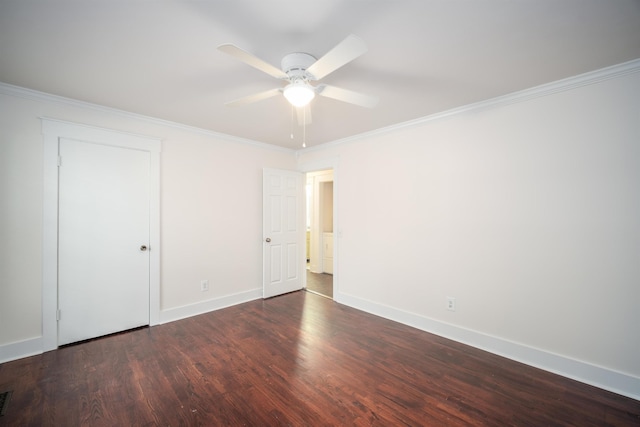 unfurnished bedroom featuring ceiling fan, dark hardwood / wood-style floors, and ornamental molding