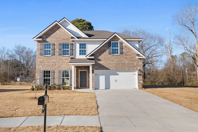 view of front of home featuring driveway, an attached garage, a front lawn, board and batten siding, and brick siding