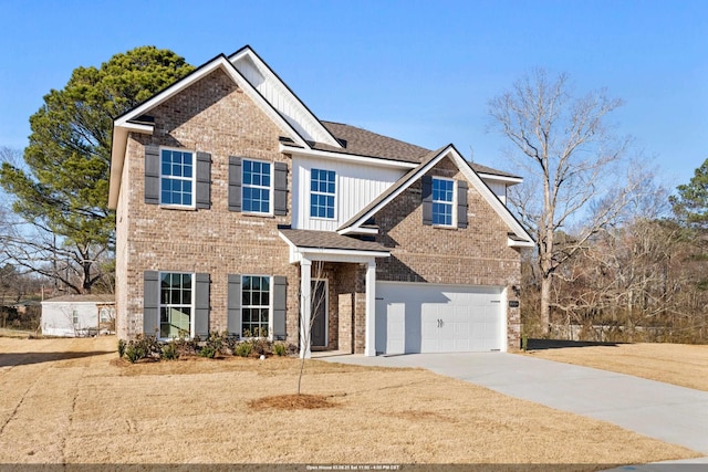 view of front of home featuring a garage, concrete driveway, brick siding, and board and batten siding