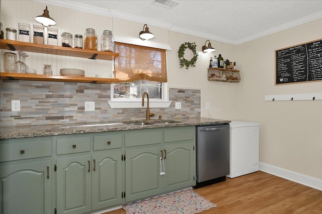 kitchen featuring open shelves, green cabinets, ornamental molding, a sink, and dishwasher