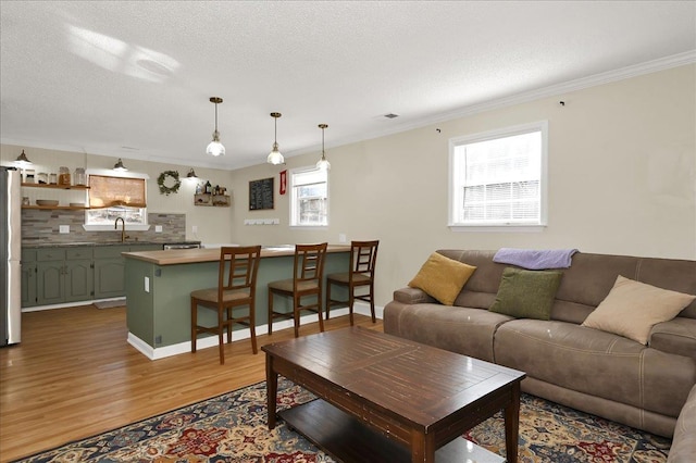 living room featuring a textured ceiling, ornamental molding, wood finished floors, and visible vents