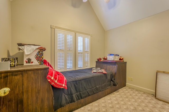  - carpeted bedroom featuring vaulted ceiling and baseboards