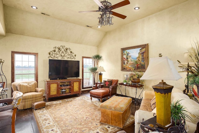  - living room with visible vents, recessed lighting, a ceiling fan, and plenty of natural light