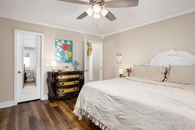 bedroom with ceiling fan, dark hardwood / wood-style floors, and ornamental molding