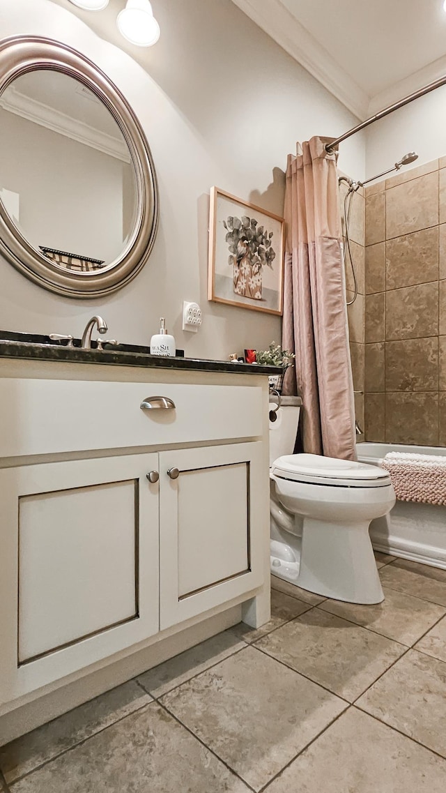 bathroom with toilet, vanity, ornamental molding, and shower / bathtub combination with curtain