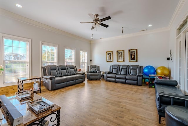 living room with ceiling fan, a healthy amount of sunlight, crown molding, and light hardwood / wood-style flooring