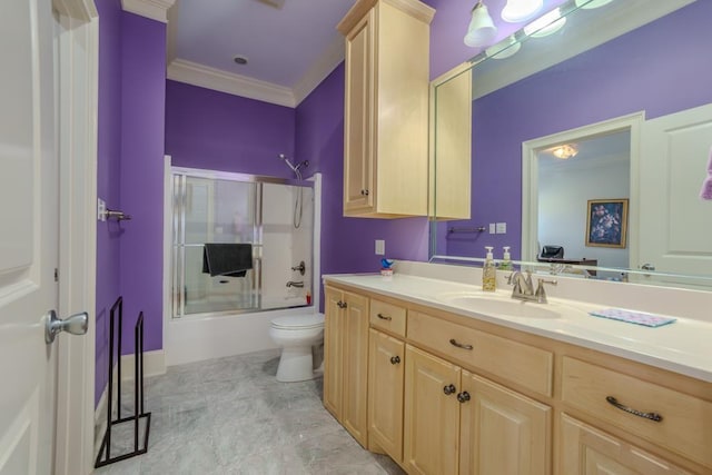 full bathroom with vanity, toilet, shower / bath combination with glass door, and ornamental molding