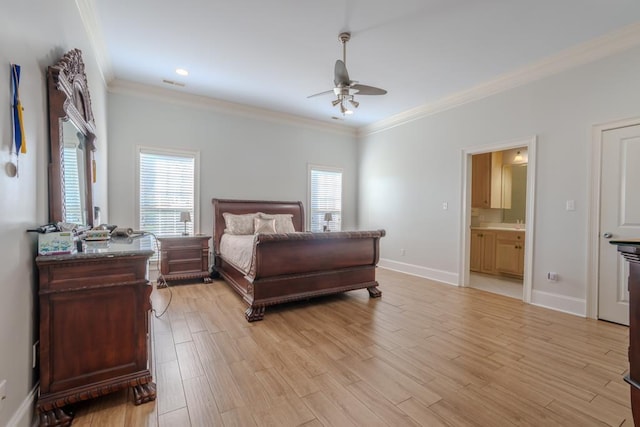 bedroom with multiple windows, ceiling fan, light hardwood / wood-style flooring, and ornamental molding