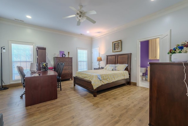 bedroom with ceiling fan, ornamental molding, and light hardwood / wood-style flooring