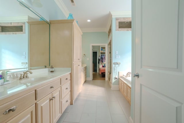 bathroom featuring a tub to relax in, tile patterned flooring, vanity, and ornamental molding