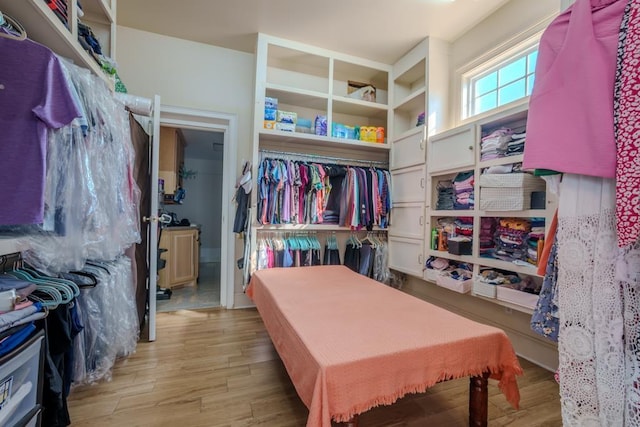 walk in closet with light hardwood / wood-style flooring