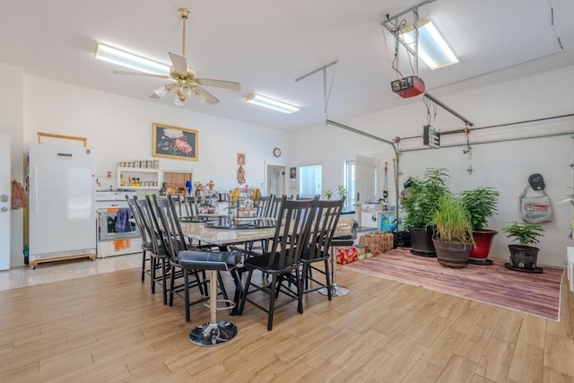 dining area with ceiling fan and light hardwood / wood-style flooring