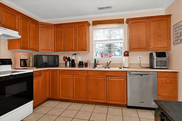  - kitchen with dishwasher, white range with electric stovetop, under cabinet range hood, black microwave, and light countertops