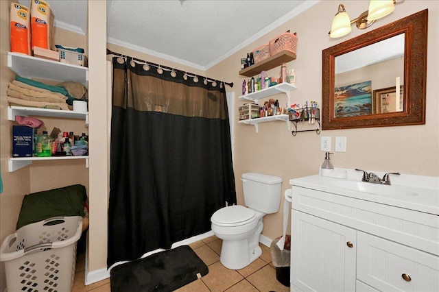  - bathroom featuring crown molding, vanity, tile patterned flooring, a shower with shower curtain, and a textured ceiling