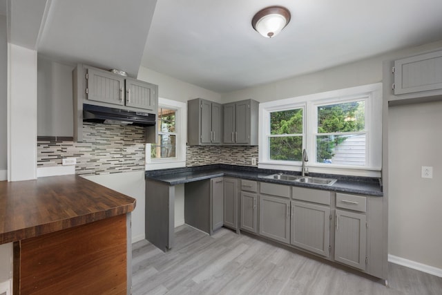 kitchen with backsplash, gray cabinets, light hardwood / wood-style floors, and sink