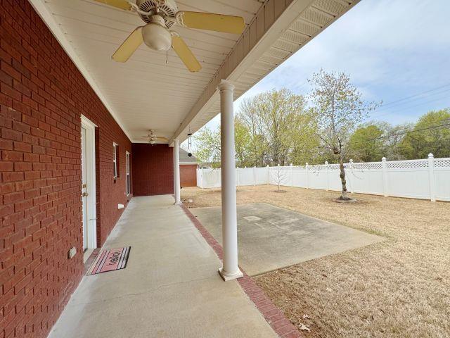 view of patio / terrace featuring a ceiling fan and a fenced backyard