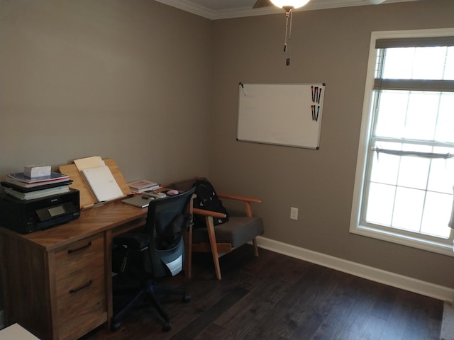 office area with crown molding and dark hardwood / wood-style floors