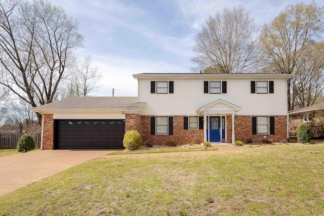 - view of front facade featuring fence, an attached garage, brick siding, a front lawn, and driveway