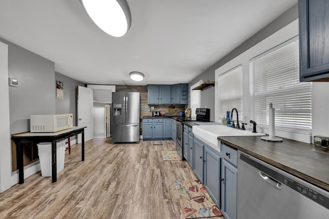  - kitchen with appliances with stainless steel finishes, blue cabinetry, light wood finished floors, and decorative backsplash