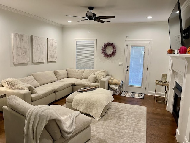 living room featuring a premium fireplace, crown molding, ceiling fan, and dark wood-type flooring