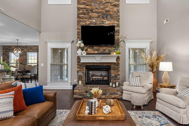 living room featuring a stone fireplace, a high ceiling, wood finished floors, and a wealth of natural light