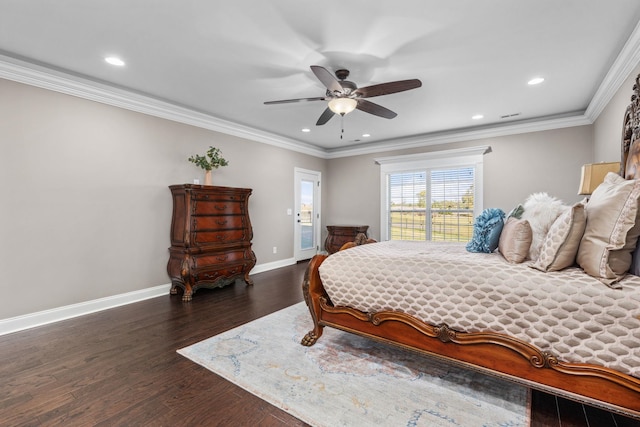 bedroom featuring baseboards, ornamental molding, recessed lighting, and wood finished floors