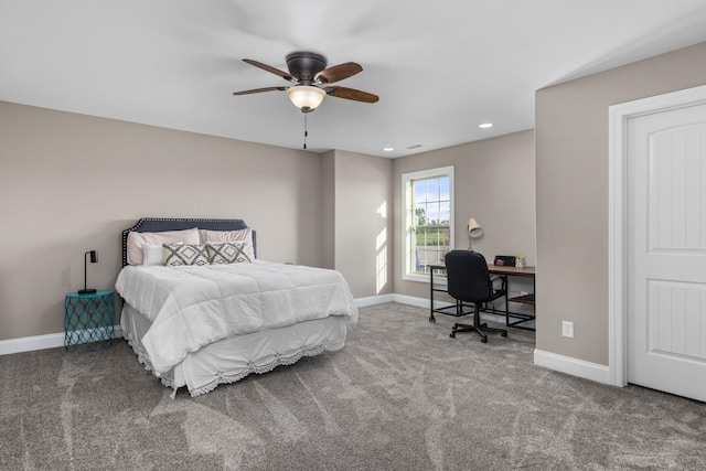 bedroom featuring baseboards, recessed lighting, carpet, and ceiling fan