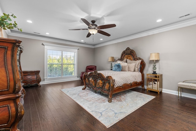 bedroom featuring crown molding, wood-type flooring, recessed lighting, baseboards, and visible vents