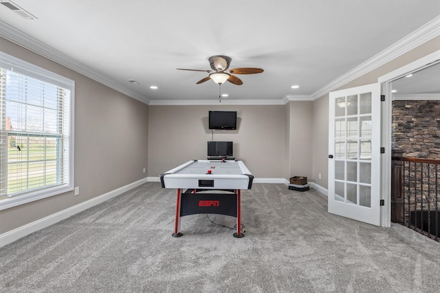 playroom featuring visible vents, a ceiling fan, carpet flooring, and recessed lighting