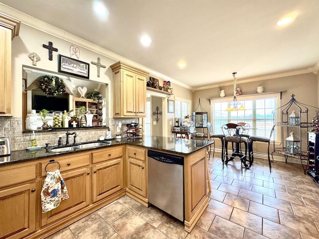 kitchen featuring dishwasher, sink, tasteful backsplash, decorative light fixtures, and kitchen peninsula