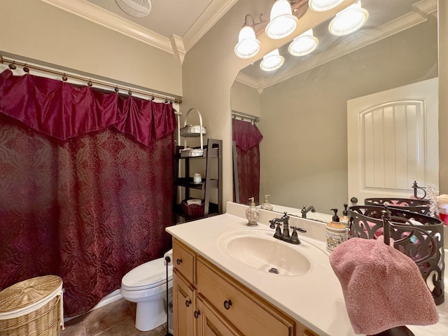 bathroom with crown molding, tile patterned flooring, vanity, and toilet