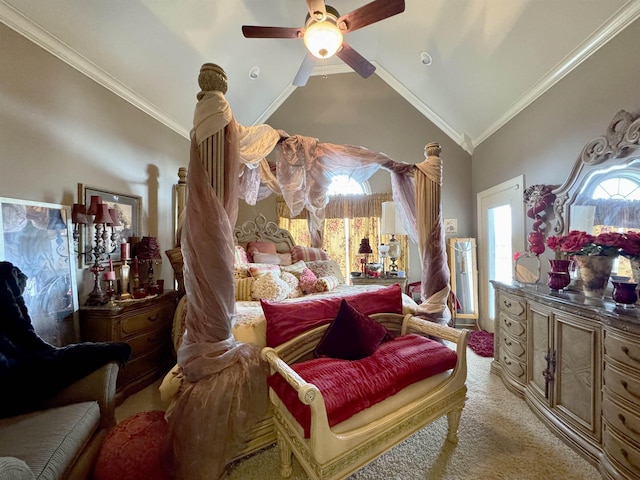 bedroom featuring high vaulted ceiling, ceiling fan, crown molding, and light carpet