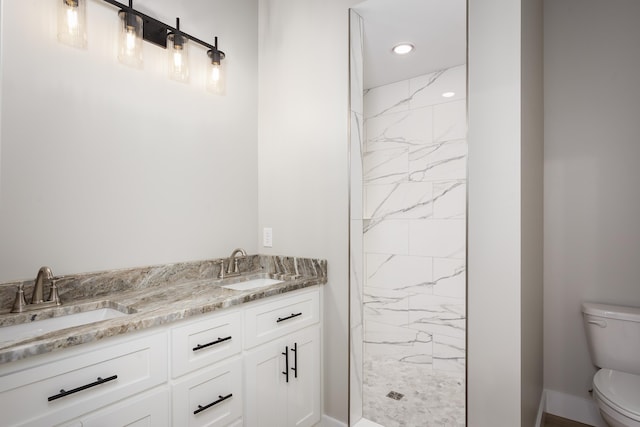 full bathroom featuring toilet, a marble finish shower, and a sink