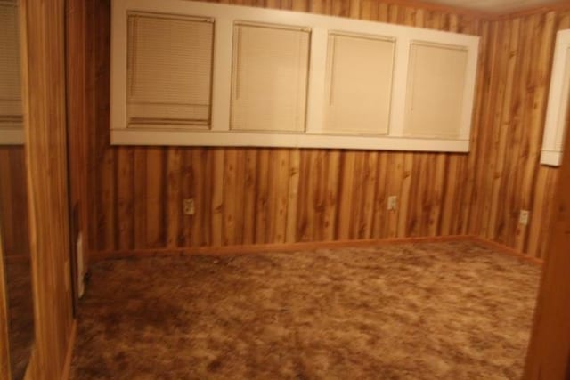 carpeted empty room featuring wooden walls