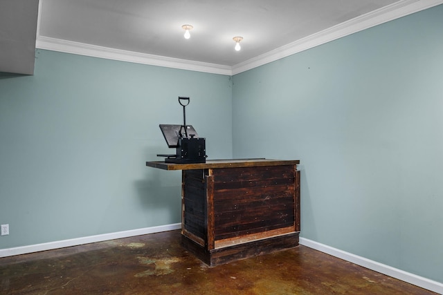 interior details with concrete flooring and crown molding